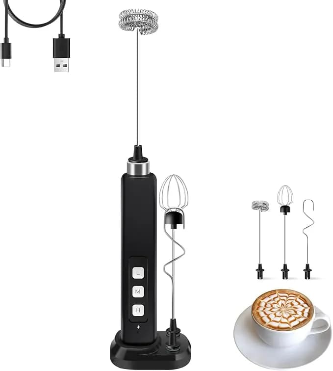 Rechargeable Milk Frother Handheld With 3 Detachable Stainless Whisks, 3 Speed Adjustable Drink Mixer, Mini Frother Wand For Coffee, Matcha, Protein Shakes, With Charging Base And Whisk Storage