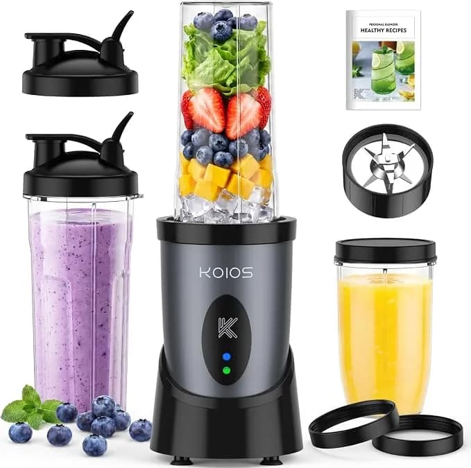 Koios Smoothie Blender Kitchen, 900w Personal Blenders With 3 To-Go Cups - (2) 23oz & 16oz Cups, Blend Smoothies Shakes Juices Frozen Drinks, Dishwasher Safe Part, Twist-Lock, 14pcs, Recipe, Grey Blue