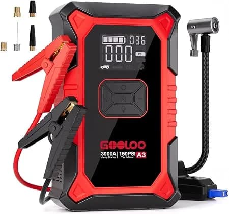 Gooloo a3 12v 3000a Portable Jump Starter With Air Compressor - Supersafe Car Battery Booster Pack (9l Gas/6.5l Diesel) - Boost For Dead Battery - 150 Psi Auto-Off Tire Inflator - Led Light