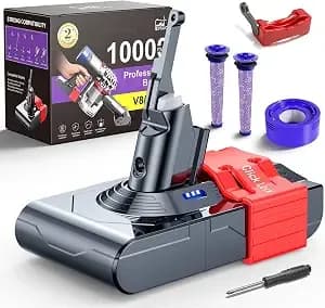 10000mah 21.6v Battery Replacement For Dyson v8, 65 Min Runtime, Compatible With sv10 v8 Animal Absolute Motorhead Fluffy Carbon Fiber Car+Boat, Tool-Free Swap Clip & Switch Lock, 2-Yr Warranty