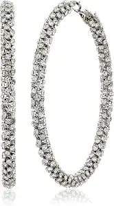 Guess Women'S Silver-Tone Pave Crystal Glass Stone Hoop Earrings