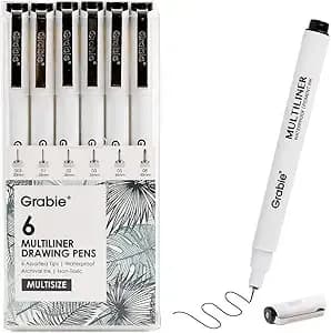 Grabie Micro Fineliner Pens, 6 Black Waterproof Drawing Pens - Waterproof Pigment Ink, 6 Assorted Tip Sizes, Precision Fine Lines, Metal-Clad Nibs, Smooth Ink Flow, Smudge Resistant