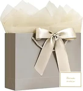 Jmanni Gift Bags With Handles, 13" Medium Gift Bags With Tissue Paper - 1 Pcs Champagne Gold Paper Bag, 2 Tissue Paper And 1 Card, For Baby Shower, Wedding Bridal Shower, Birthday Party
