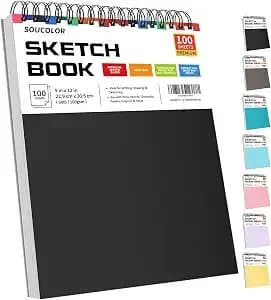 Soucolor Sketch Book 9" X 12", 100 Sheets Kids Art Sketchbook Drawing Pad - 68lb Acid-Free, Fine-Texture Paper, Top Spiral For Lay-Flat, Gift For Teens Girls Boys Beginners Adults, School Art Supplies