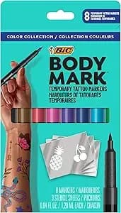 Bodymark Temporary Tattoo Markers, 8-Count Color Collection, Skin-Safe - Cosmetic Quality, Cruelty-Free, Long-Lasting, Flexible Brush Tip, Includes Stencils For Easy Application, Included