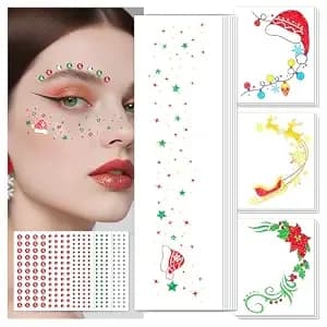 Christmas Glitter Freckles & Gems, Makeup Kit Face Tattoos For Xmas - Christmas Decorations, Red Green White Face Gems, Face Stickers For Women, Kids, Party Favors, Xmas Stocking Stuffers