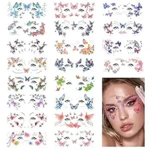 Konsait 20 Sheets Glitter Butterfly Temporary Face Tattoos For Women Girls, Butterfly Tattoos Halloween Face Makeup Tattoo Stickers For Eyes Party Favor Supplies