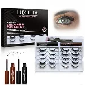 Luxillia Magnetic Eyelashes With Applicator Kit - 13 Set Natural Lashes - Reusable No Glue Lashes, 10 Pairs, 2 Magnetic Liners, Applicator, Black And Brown, Natural To Dramatic