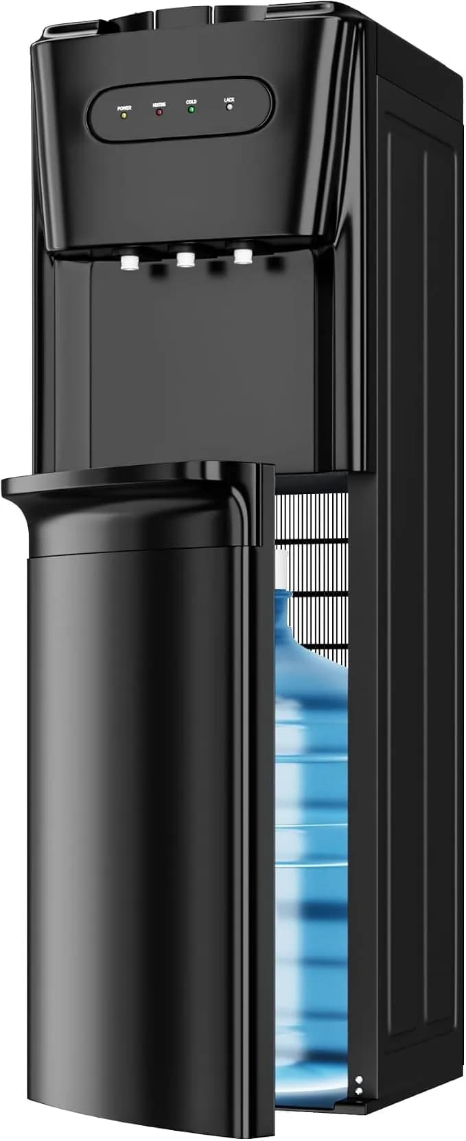Tehanld Bottom Loading Water Cooler Dispenser For 3 Or 5 Gallon Bottles - Water Dispenser With Hot, Room & Cold Spouts, Led Display With Empty Bottle Alert, Child Safety Lock, Mat Black