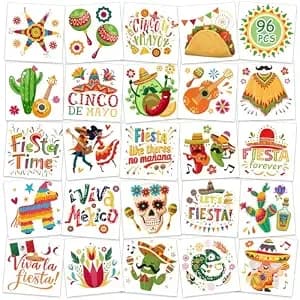 Konsait Cinco De Mayo Tattoos, 96pcs Perforated Mexican Fiesta Cinco De Mayo Party Decorations Temporary Tattoos, Accessories & Festival Party Favors, 24 Designs