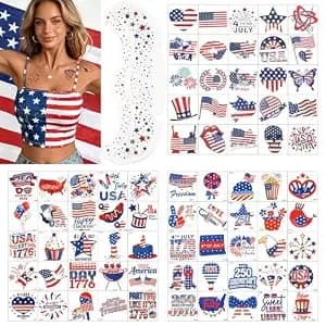 4th Of July Tattoos, 150pcs Patriotic Temporary Tattoos & 2pcs Freckles Face Tattoo, 4th Of July Outfits For Women, 2026 Red White And Blue 250th Anniversary Memorial Day Party Supplies