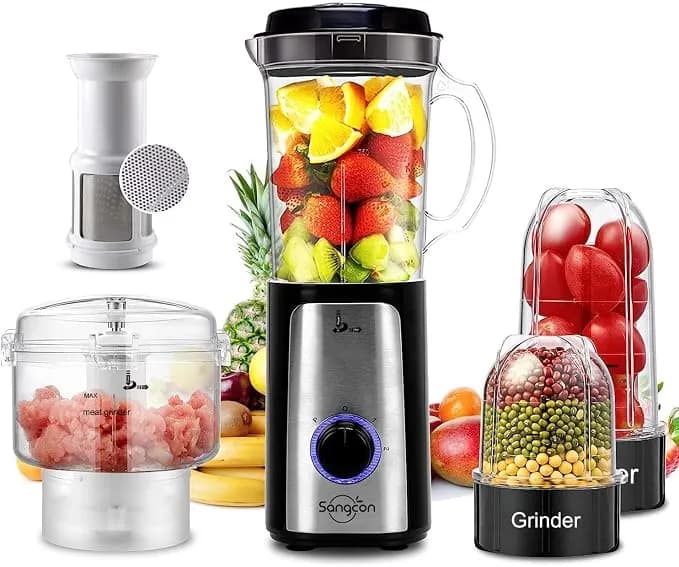 Sangcon Blenders For Kitchen, 5-In-1 Food Processor Combo For Smoothies Set - Bpa-Free 47oz Pitcher, 2.5-Cup Bowl, 18/11oz Cups, 3 Blades; Housewives Prep Shakes, Meat, Sauces, Salsa, Coffee, Dry Spices