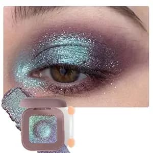 Holographic Multichrome Mauve Green Blue Glitter Eyeshadow Palette With Brush, Rich Chameleon Color Shimmer Metallic & Long Lasting & Buildable Eye Shadow, High Pigment Single Eye Makeup (#02)