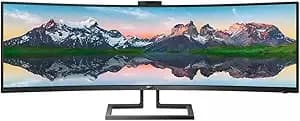 Philips Brilliance 499p9h 49" Superwide Curved Monitor, Dual Qhd 5120x1440 32:9, Usb-C Connectivity And Built-In Kvm Switch, Pop-Up Webcam, Height Adjustable, Lightsensor, 4yr Advance Replacement Warr
