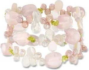Ross-Simons 5-6mm Cultured Pearl, 100.00 Ct. T.W. Rose Quartz And 11.00 Ct. T.W. Peridot Bead Jewelry Set: 3 Stretch Bracelets