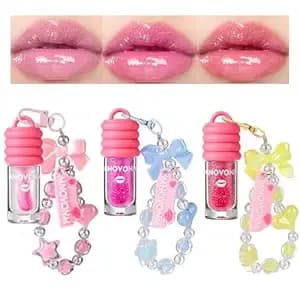 Dulele 3pcs Hydrating Lip Gloss Set, Fruit Flavored Lip Oil With Keychain - Tinted Lip Glow Oil, Shimmer High-Shine, Glitter Rose Liquid Lip Gloss,Long Lasting Moisturizing,Make-Up Gift For Girls Women
