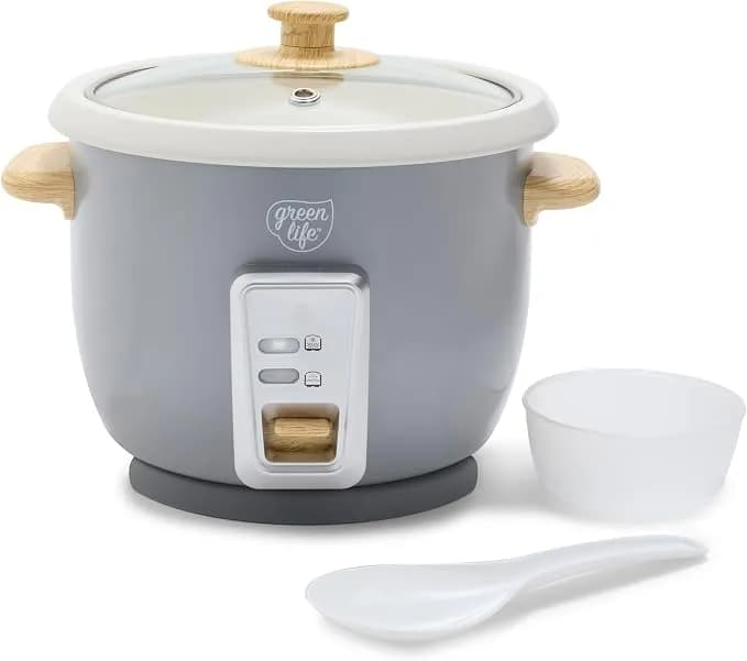 Greenlife Rice Cooker, 3-Cups Uncooked/6-Cups Cooked, Gray - Pfas-Free Ceramic Nonstick Removable Pot, One-Switch Design, Grains Multicooker, Keep Warm, Dishwasher Safe Parts, Easy Clean