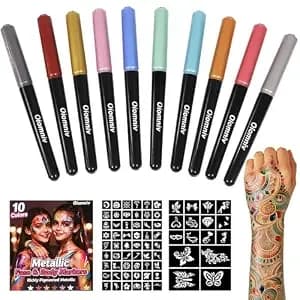Oiomniv Temporary Tattoo Markers For Skin, 10 Metallic Body Markers - With 70 Stencils, Water-Resistant Tattoo Pens, Skin-Safe For Adults And Teens, Flexible Brush Tip, Face And Body Art