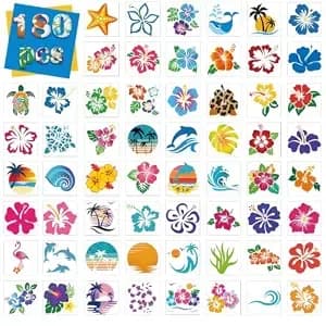 180 Pcs Tropical Temporary Tattoos Glitter Summer Tattoo For Hawaiian Party - With Hibiscus Palm Tree Sunset Design For Kids Women Aloha Bithday Party Favors Beach Decor