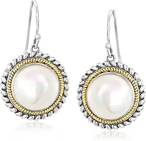 Ross-Simons 10.5-11mm Cultured Pearl Roped-Edge Drop Earrings In Sterling Silver And 14kt Yellow Gold