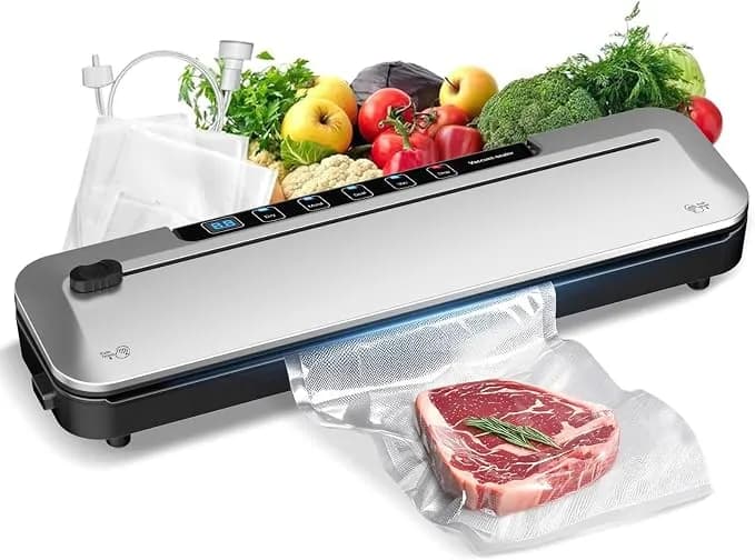 Vacuum Sealer Machine 75kpa, 6-In-1 Dry/Moist Modes, Digital Timer - Compact & Lightweight Body - Effortless One-Touch Operation - Extends Food Freshness 8 Times Longer Black Silver