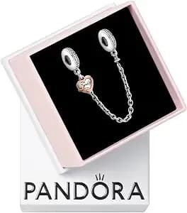 Pandora Family Heart Safety Chain Charm - Gift For Her - Compatible With Pandora Moments - Sterling Silver, Pandora Rose & Cubic Zirconia - With Gift Box