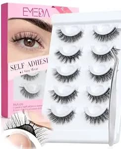 Emeda Self Adhesive Eyelashes Preglued Glueless -Natural Look No Glue - 14mm Natural Cat Eye Glueless No Glue Needed Reusable Stick On False Strip Lashes Easy For Beginner (879 With Tweezers)