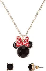 Disney Minnie And Mickey Mouse Jewelry Set Official License - Gold-Tone And Red Enamel Heart Pendant Necklace And Heart Stud Earrings