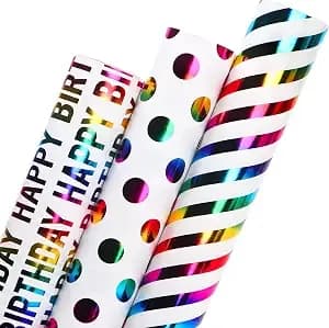 Ribbli Birthday Wrapping Paper Iridescent Gift Wrapping Paper Mini Roll, 3 Rolls Happy Birthday Polka Dots Stripes Printed Assortment - 17 Inch X 120 Inch(10feet) Per Roll