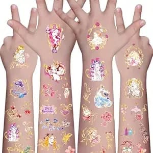 Awinmay Gold Foil Fairy Tale Party Temporary Tattoos For Kids - 80 Metallic Styles Rose Princess Birthday Party Decorations Supplies For Girls And Boys, Glitter Magic Theme Favors, Cute Accessory