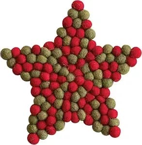Creative Co-Op Handmade Wool Felt Ball Star Trivet, Red And Green