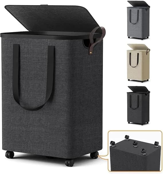 Laundry Basket With 5 Wheels, Rolling Laundry Hamper, 75l, Deep Gray - Clothes Hamper With Wheels And Lid, Collapsible For Bathroom, Bedroom, Dorm & Laundry Room With Multiple Carry Handles.