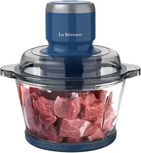 La Reveuse Electric Food Processor, 7-Cup Food Chopper Glass Bowl, Blue - For Chopping, Grinding, Mincing, Whisking, Meal Prep, 2-Layer Chop Blade, (1) Whisking Disc, (1) Spatula, 300w, larb4016