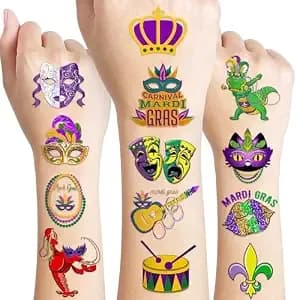 105 Pcs Mardi Gras Temporary Tattoos Sticker Fat Tuesday Festival - Carnival Masquerade Celebration New Orleans Birthday Party Decorations Supplies Favors Gifts Girl Boy School Reward Themed