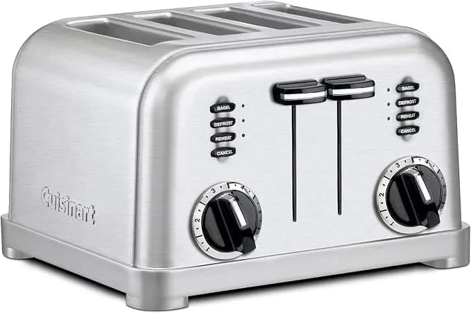 Cuisinart Toaster, Extra-Wide Slots, Stainless Steel, 4-Slice - Bagel, Pastry & Bread Toaster With Defrost/Reheat Functions, 6-Setting Browning Dials & A Slide-Out Crumb Tray, Cpt-180p1