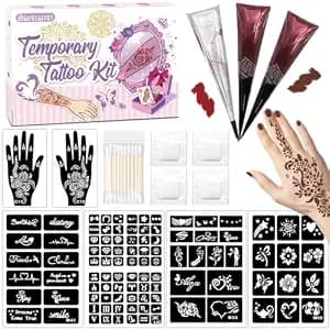 Temporary Tattoo Kit With 100 Reusable Stencils And 3 Tattoo Pastes - Diy Body Art Set With Brown And Cherry Red Tattoo Ink, Outline Pen For Festivals, Parties, Makeup And Creative Skin Designs