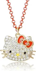Hello Kitty Sanrio Pave Crystal Pendant Necklace For Women Official - License, 16"+3" Sparkly Necklace With Neon Pink Chain