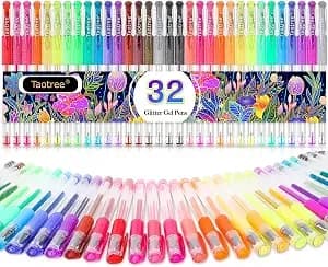 Taotree Glitter Gel Pens, 32 Colors Neon Glitter Pens, Colored Gel Markers - 40% More Ink Fine Point Art Markers Set For Adult Coloring Books, Drawing Art Supplies, School Journaling, Scrapbook Supplies