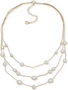 Anne Klein 16" Gold And Pearl Necklace Featuring Multi Row Frontal Drop, Pearl Accents, 3" Extender, And Lobster Clasp Closure