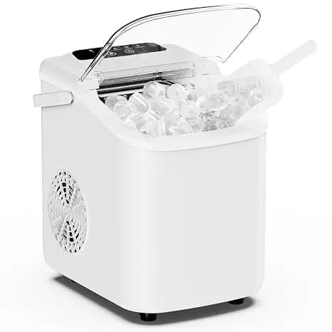 Dumos Ice Makers Countertop Ice Machine With Portable Handle Compact Size - 9 Bullet Cubes In 8 Mins, 26lbs In 24 Hours, Self-Cleaning, With Basket And Scoop, For Home, Kitchen, Rv, Camping, White