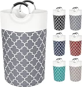 Large Laundry Basket 82l Tall Collapsible Hamper With Handles For Dorm Grey - Freestanding Laundry Hamper, Waterproof Dirty Clothes Storage Bag For College, Bathroom, Foldable Washing Bin For Travel