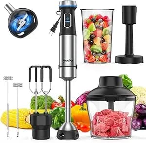 Ganiza Immersion Blender Handheld, 6 In 1 Corded Hand Blenders Immersion - Stainless Steel Blade, 15 Speed Stick Blenders Electric, 800ml Mixing Beaker, 600ml Chopper, Whisk, Frother, Potato Masher