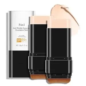 3 In 1-Luxury Anti-Wrinkle Foundation Stick Spf 50+ With Brush, 2 Pcs Hydrating Non-Sticky Matte Foundation Stick, Travel Size Defense Face And Body Sunscreen Lotion, Light Color, 1.42 Fl Oz