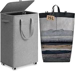 Goodpick 75l Rolling Laundry Basket With Wheels And Lid, Grey - 16.5" × 12.5" × 27.5" Collapsible Laundry Hamper For Clothes & Blankets, Fits Bathroom & Dorm, Removable Wash Bag