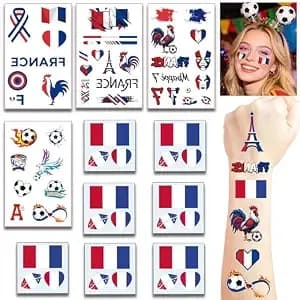 France Flag Temporary Tattoos For Sports Events - 11 Sheets- Waterproof Face Tattoos For Football Fans - Tattoo Stickers For Football Matches & Game Day Celebrations