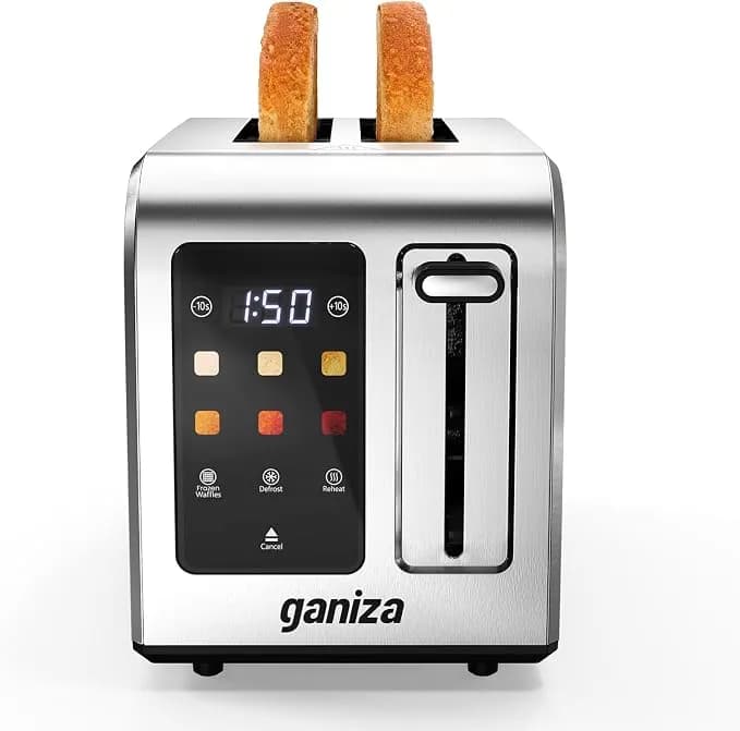 Ganiza Toaster 2 Slice With Touchscreen Smart Toasters Wide Slot, Max 925w - Full Stainless Steel, Digital Countdown Timer, Touch Screen, Defrost Reheat Cancel, +/-10s Fine-Tune, Removable Crumb Tray