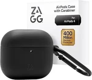Zagg Case With Carabiner For Airpods 4 – Wireless Charging Compatible Protective Cover – 360° Drop, Dust & Scratch Protection, Durable Silicone Design, Black