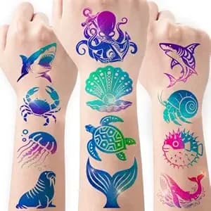 108 Pcs Glitter Ocean Temporary Tattoos For Kids - Under The Sea Creature Tattoo Stickers For Boys Girls, Summer Beach Pool Party Favors Hawaiian Themed Birthday Decor
