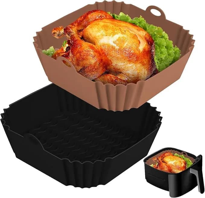 Boribim 2 Pcs Square Silicone Air Fryer Liners - 8 Inch Reusable Air Fryer Pot - Air Fryer Accessories - Air Fryer Inserts For 4 To 7 Qt Oven Microwave Accessories (Black + Brown)