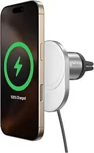 Belkin 15w Magsafe-Compatible Wireless Car Charger, Vent Mount - Iphone 17/16/15/14/13, Pixel 10 Compatible, Fast Charging, Secure Vent Mount, Hands-Free Driving